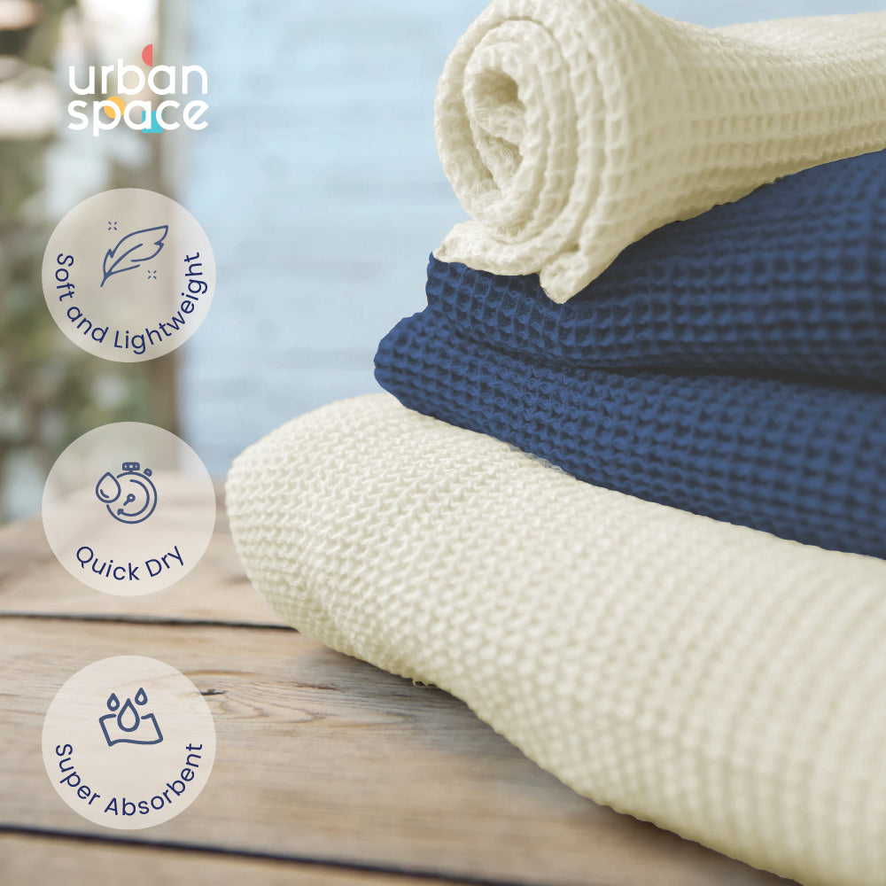 Buy 100% Cotton Waffle Bath Towel Set of 6 - Navy Blue Beige