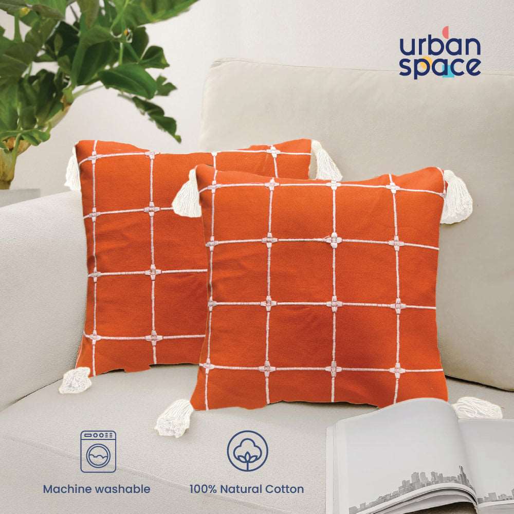 Embroidered Cotton Cushion Cover, for Sofa, Bedroom, Living Room Set of Aura Checks Orange