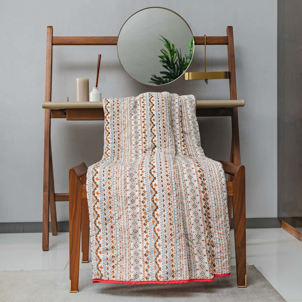 Peach and Brown Cotton Double Bedsheet and AC Blanket Combo pack