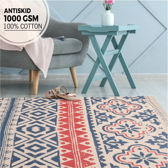 Natural Cotton Printed Rugs / Dhurries / Floor Carpet ,Boho Carpet for