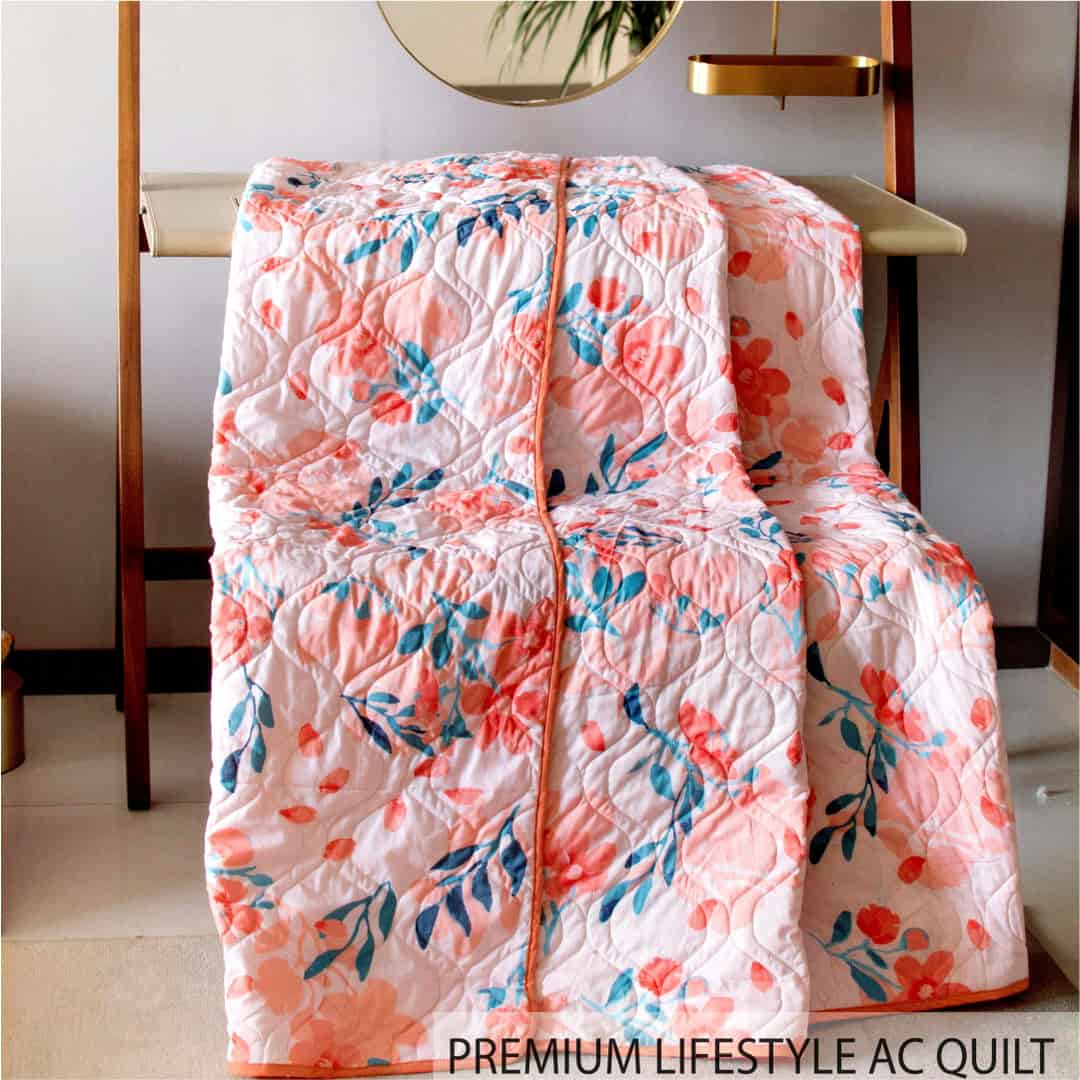 100% Malmal Cotton Blanket, Dohar, Quilt for AC and Light Winters Peach Floral