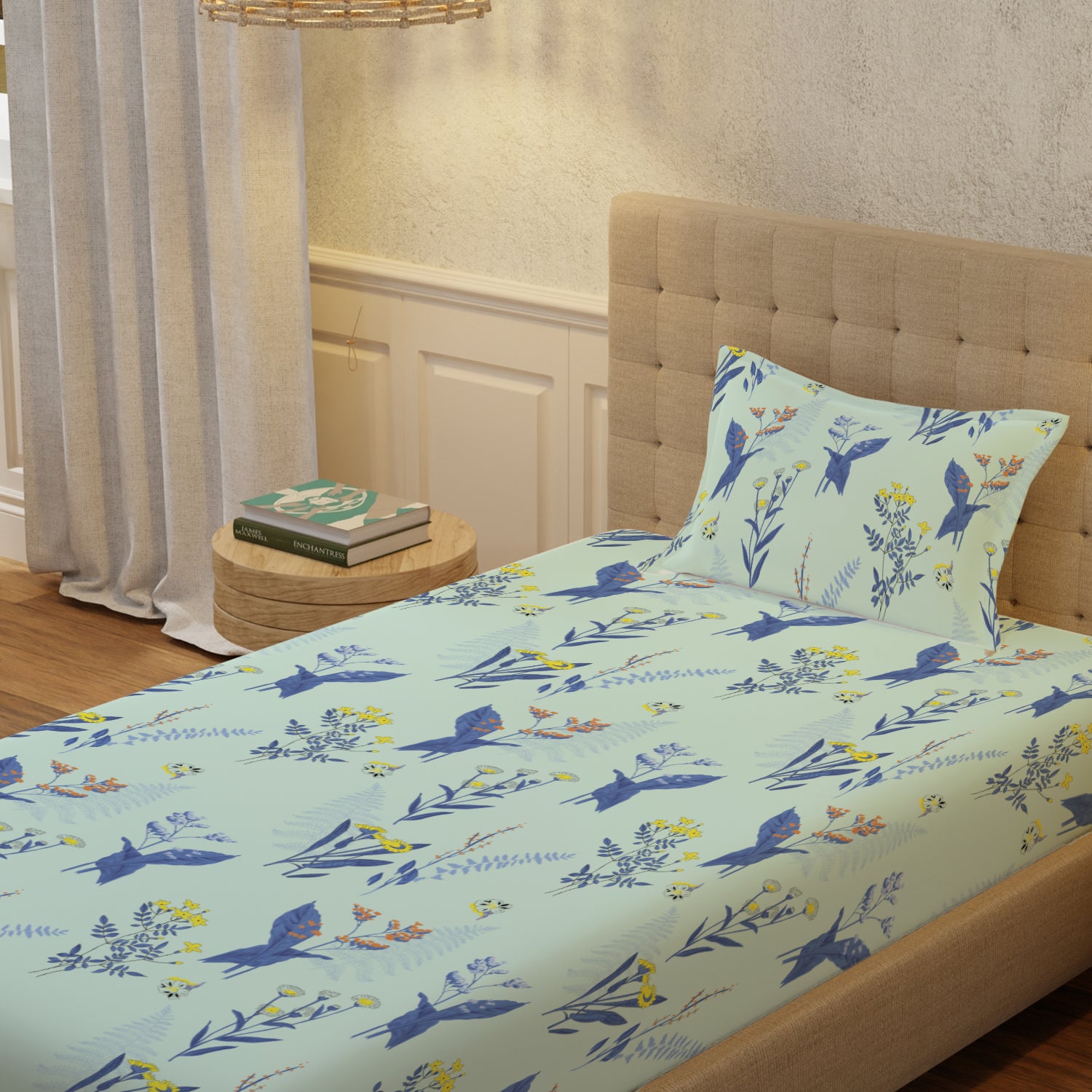 Serene 200 TC 100% Cotton Single Bedsheet with Pillow Covers - Whisper Mint Blue