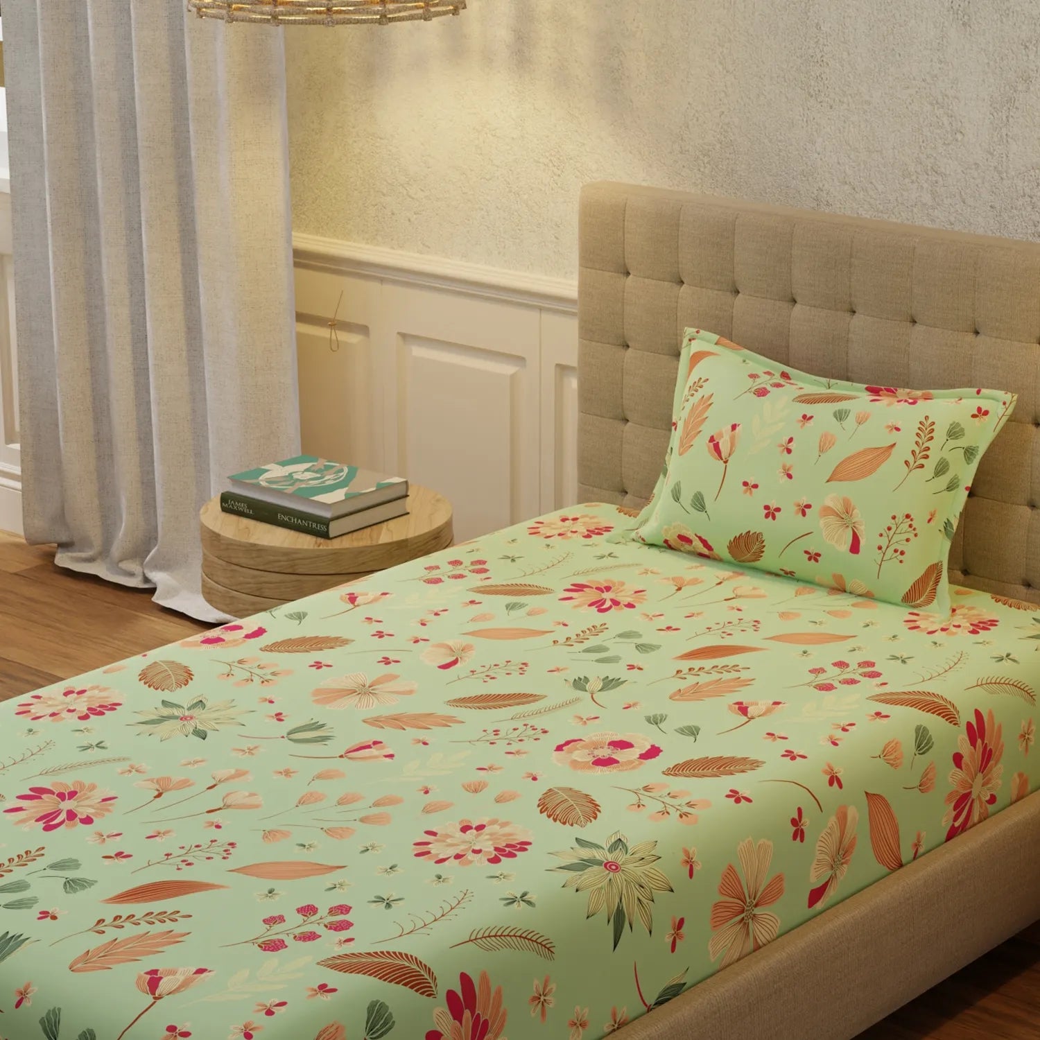 Serene 200 TC 100% Cotton Single Bedsheet with Pillow Covers - Florence Sage Green