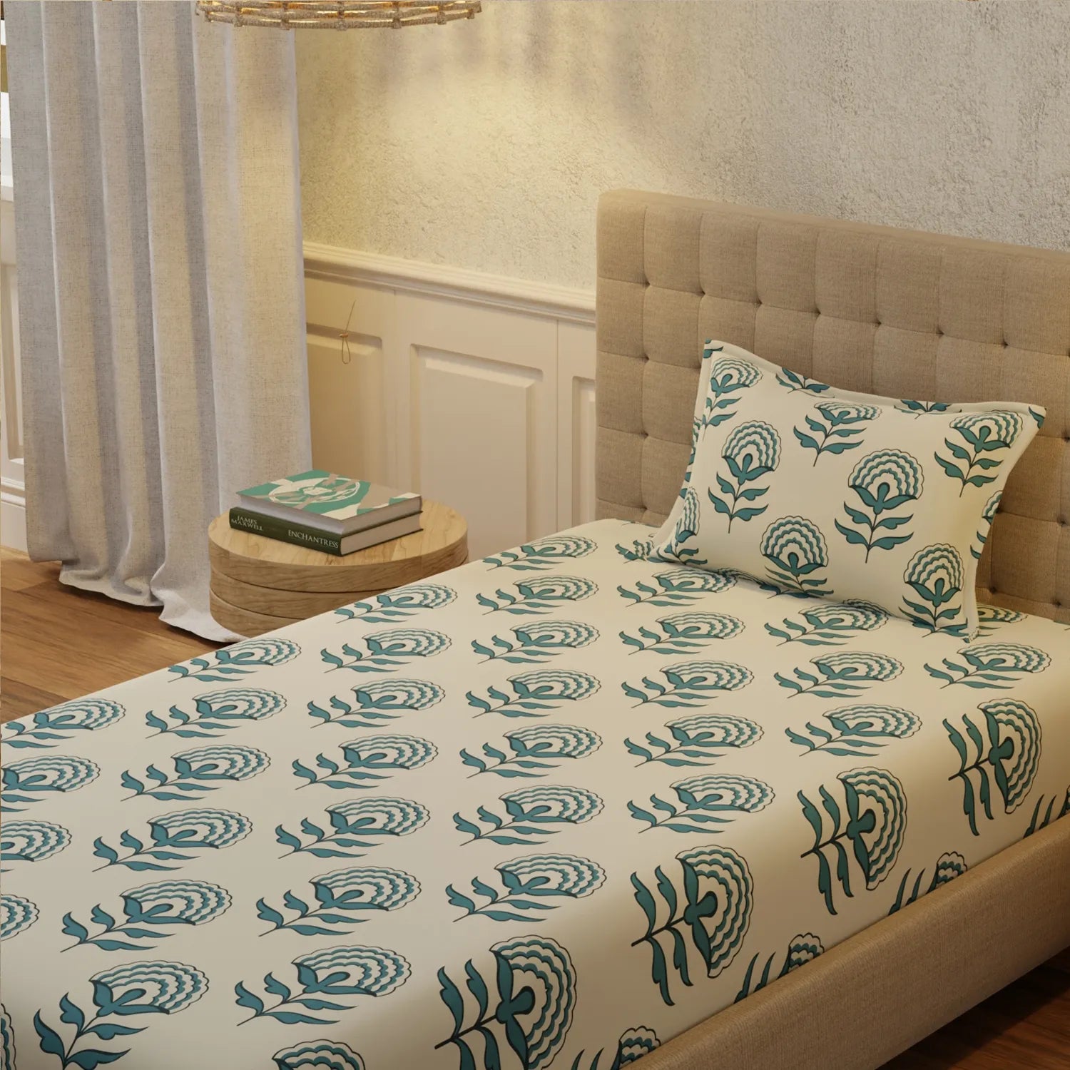 Serene 200 TC 100% Cotton Single Bedsheet with Pillow Covers - Florabell Blue