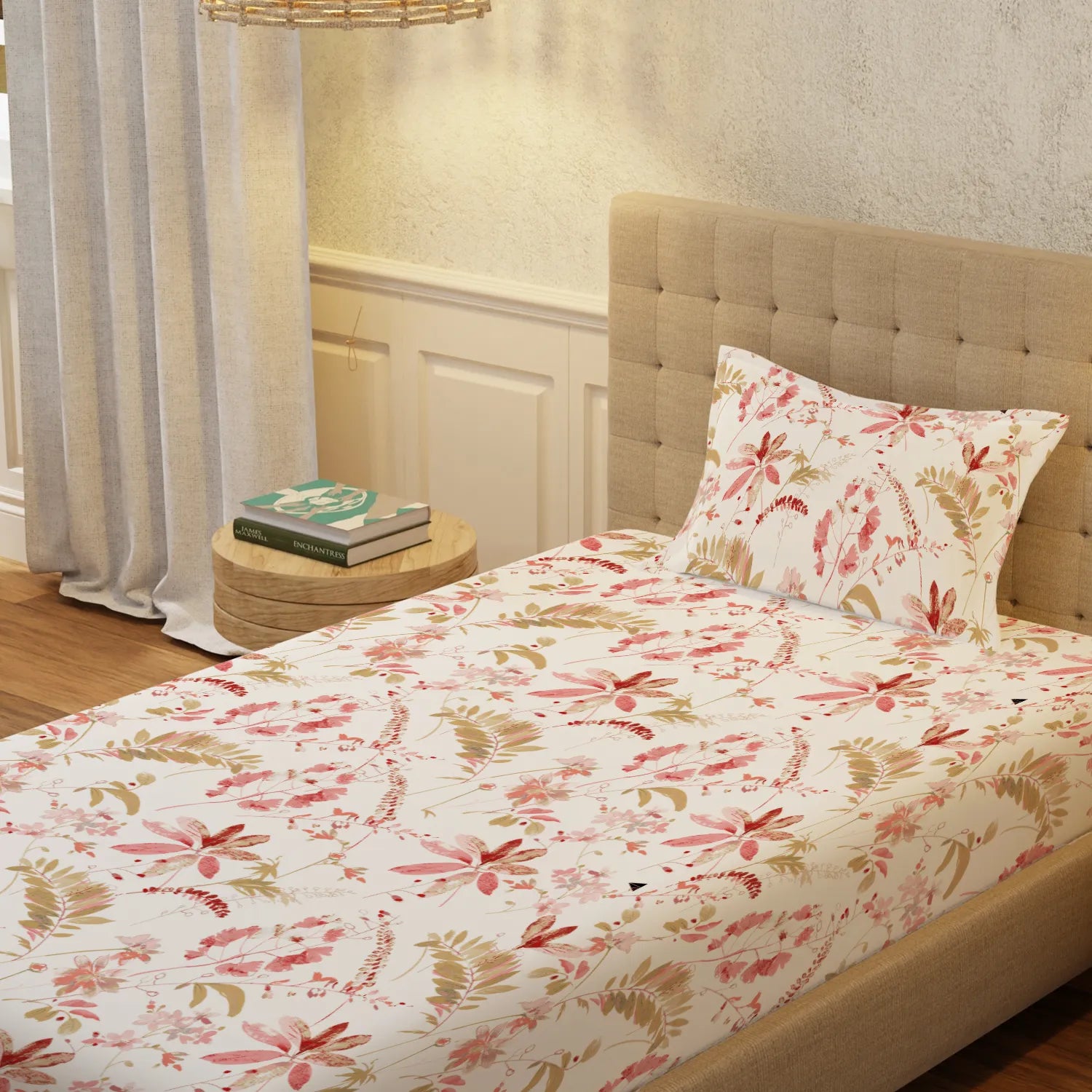 Serene 200 TC 100% Cotton Single Printed Bedsheet with Pillow Covers - Floral Feast Peach