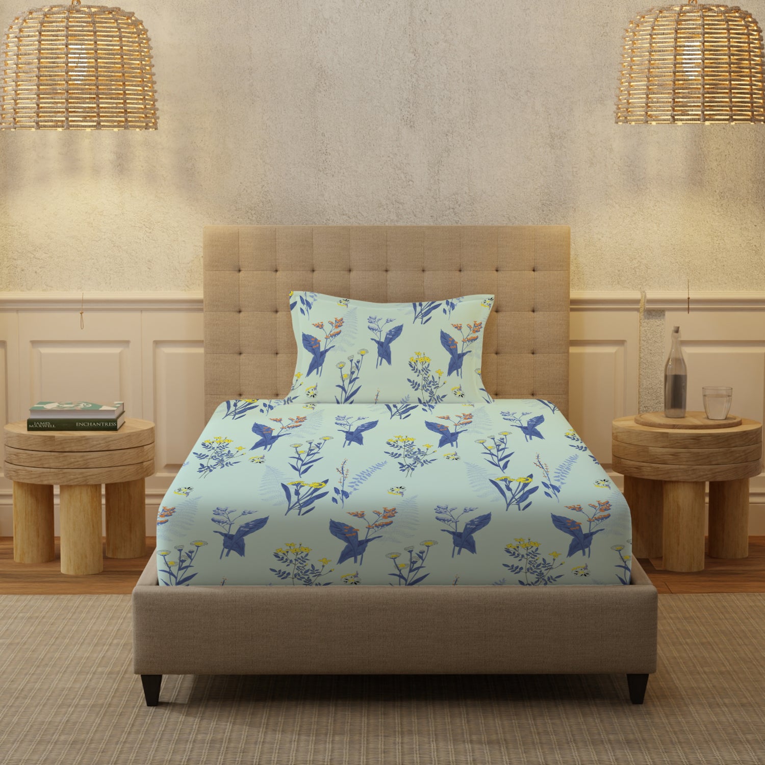 Serene 200 TC 100% Cotton Single Bedsheet with Pillow Covers - Whisper Mint Blue