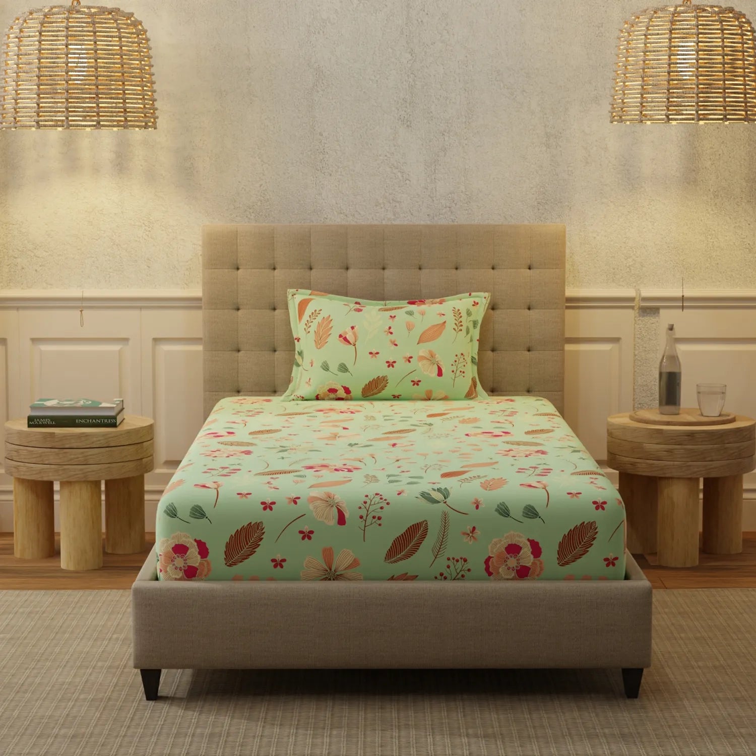 Serene 200 TC 100% Cotton Single Bedsheet with Pillow Covers - Florence Sage Green