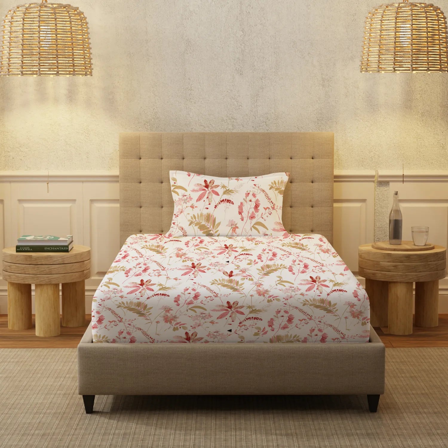 Serene 200 TC 100% Cotton Single Printed Bedsheet with Pillow Covers - Floral Feast Peach