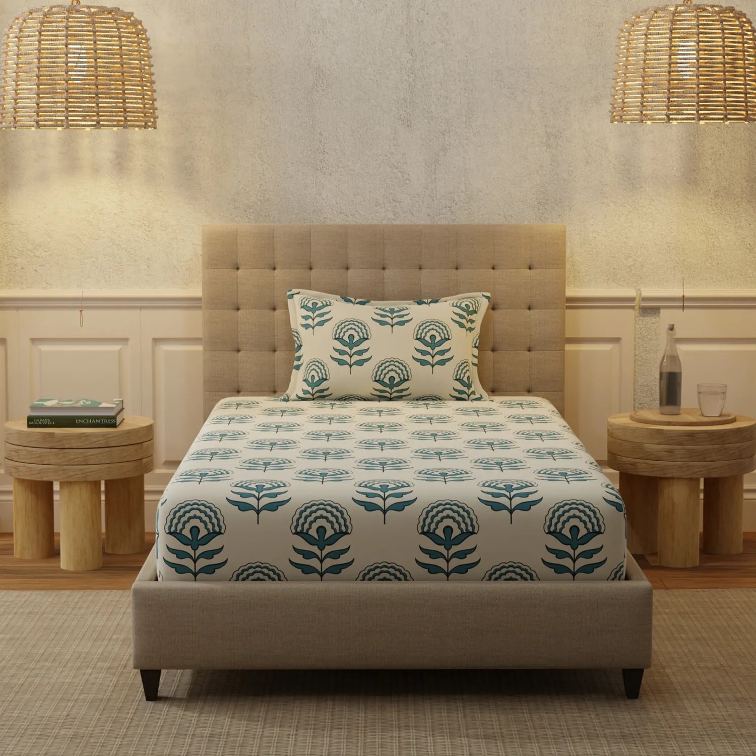 Serene 200 TC 100% Cotton Single Bedsheet with Pillow Covers - Florabell Blue