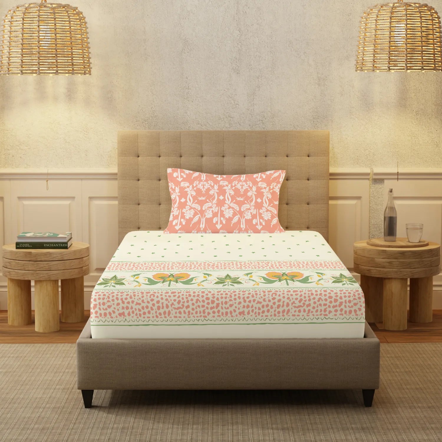 Serene 200 TC 100% Cotton Single Bedsheet with Pillow Covers - Ivy Bloom Peach