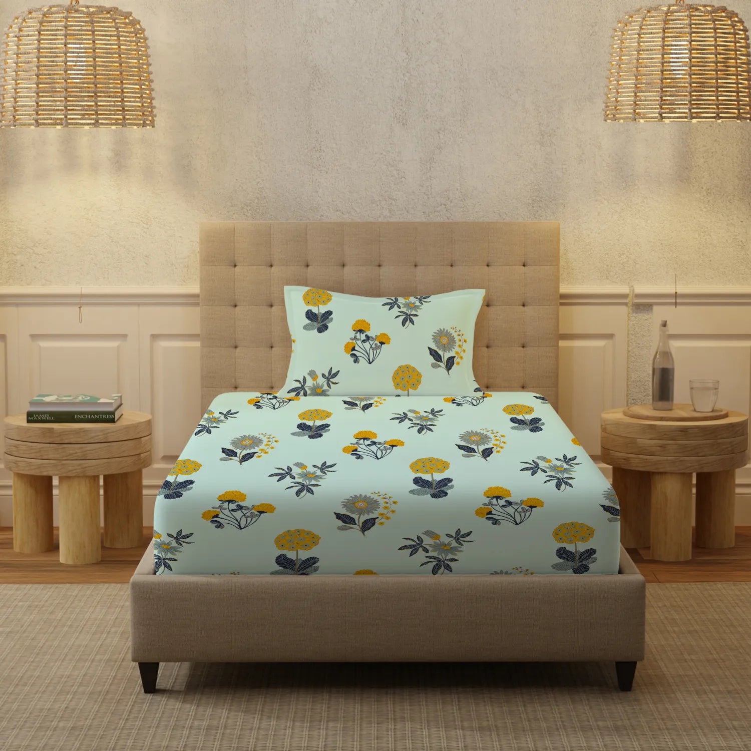 Serene 200 TC 100% Cotton Single Bedsheet with Pillow Covers - Radiance Sky Blue