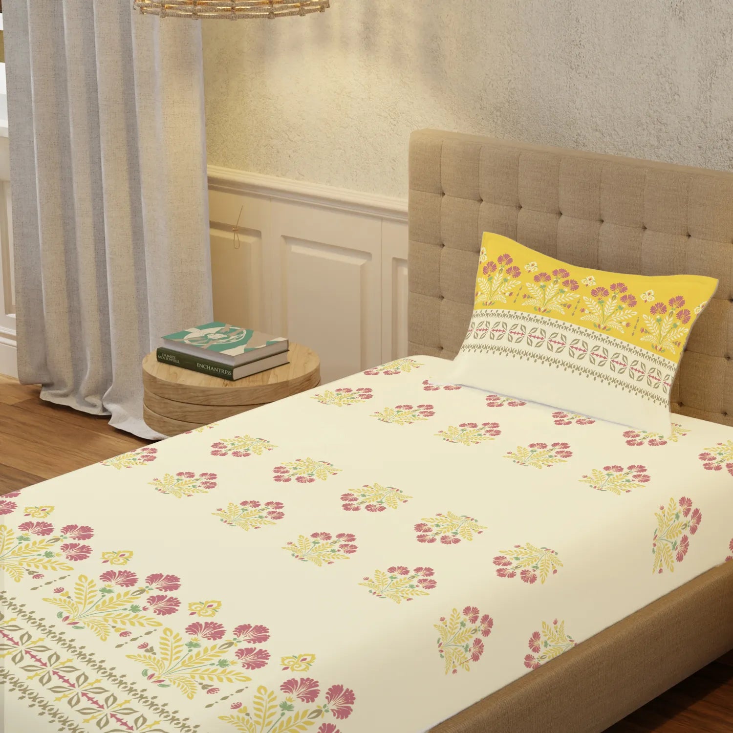 Serene 200 TC 100% Cotton Single Bedsheet with Pillow Covers - Malhaar Mustard Yellow