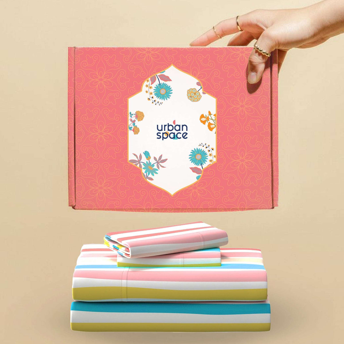 Serene Collection - Breathable 200 TC 100% Pure Cotton Bedsheet with Pillow Cover, MultiColour Stripes-Pastel