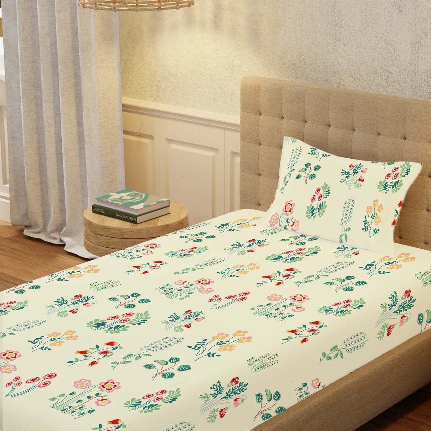 Serene 200 TC 100% Cotton Single Bedsheet with Pillow Covers - Eden Cream