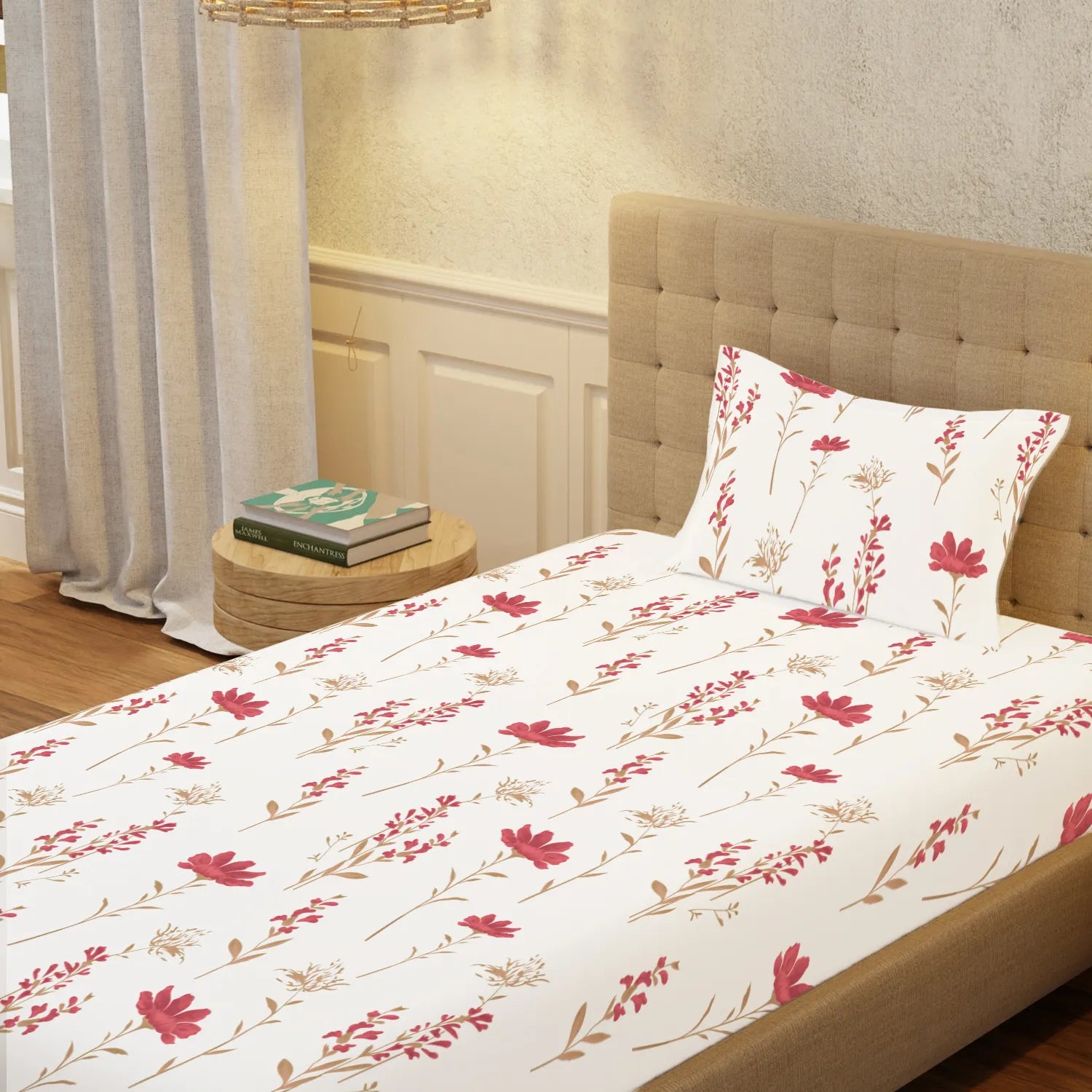 Serene 200 TC 100% Cotton Single Bedsheet with Pillow Covers - Orchid Blooms - Pink