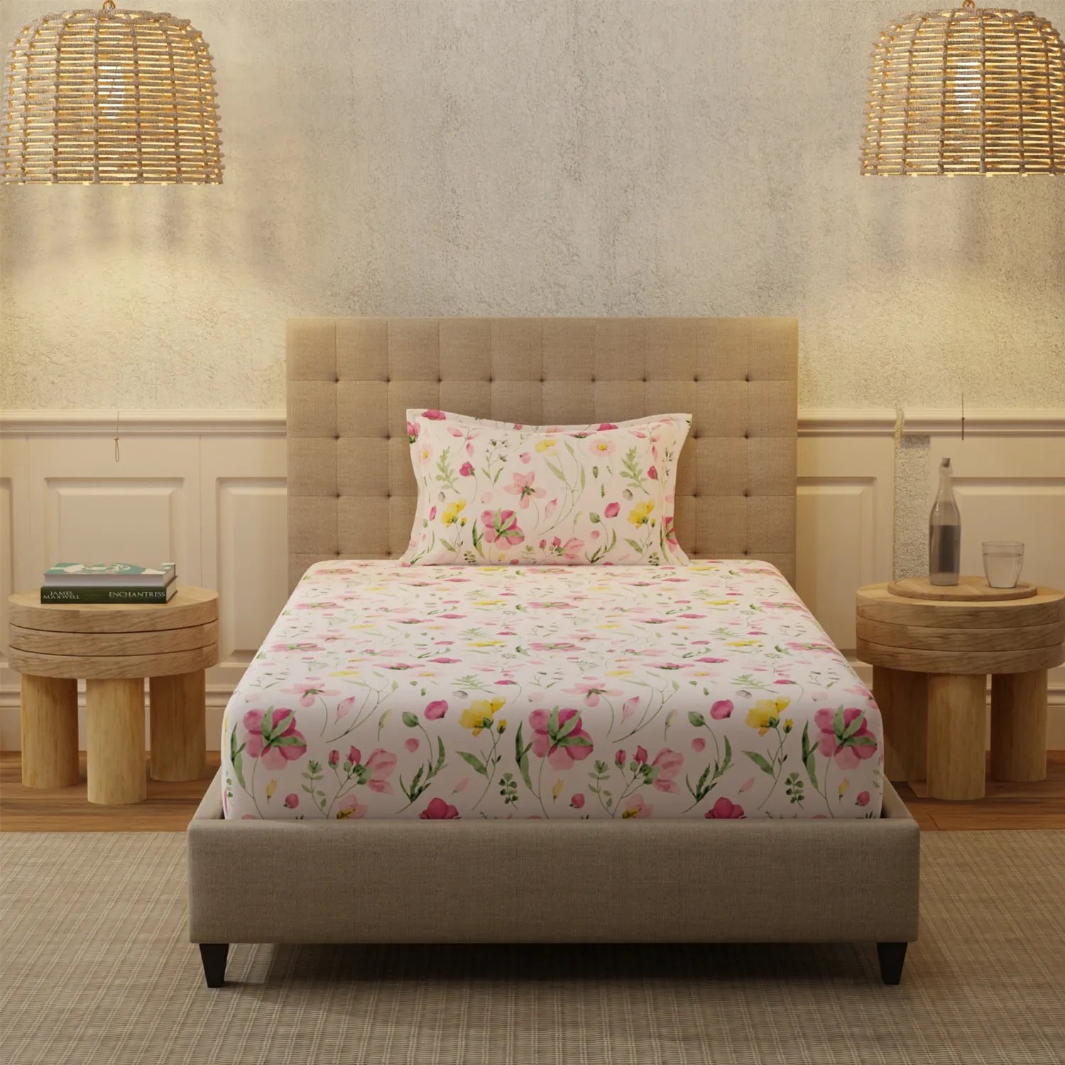 Serene 200 TC 100% Cotton Single Bedsheet with Pillow Covers - Meadows Rose Pink