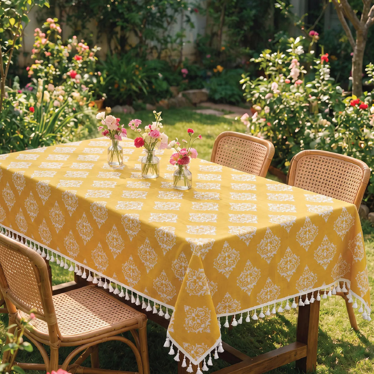 100% Cotton Table cloth/ table cover for 4 or 6 seater Dining / Centre Table - Motif Mustard