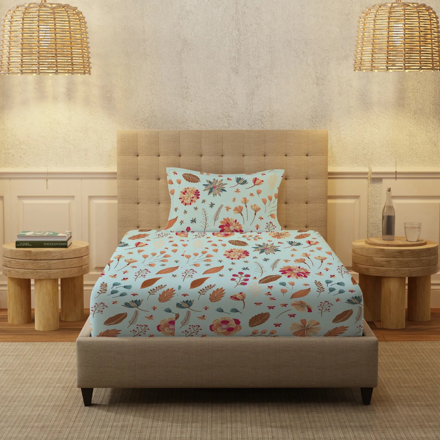 Serene 200 TC 100% Cotton Single Bedsheet with Pillow Covers - Florence Sky Blue