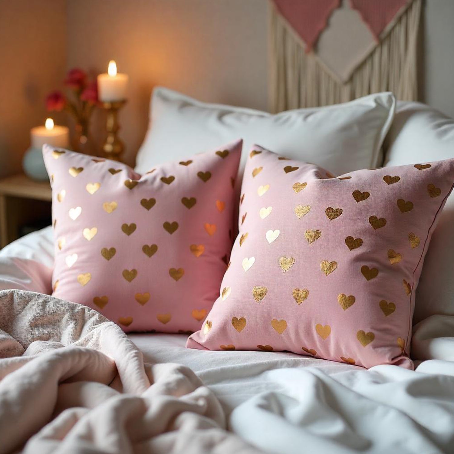 Decorative Velvet Gold Foil Heart Cushion Covers for Sofa, Bedroom, Living Room - Set of 2 - Heart of Gold Pink