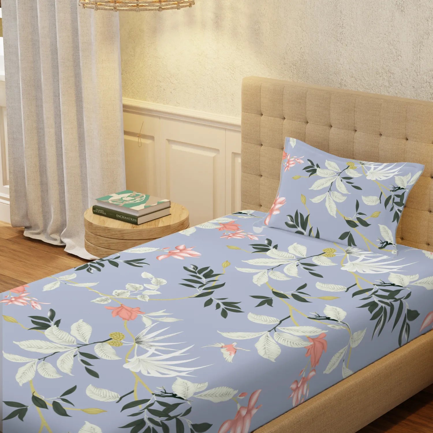 Serene 200 TC 100% Cotton Single Printed Bedsheet with Pillow Covers - Bloom Ray Blue Grey