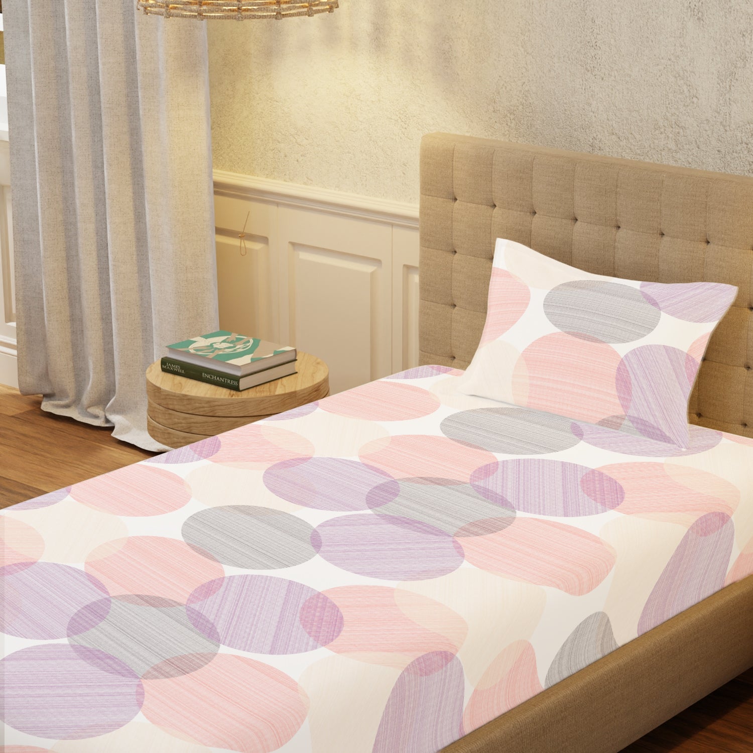 Serene 200 TC 100% Cotton Single Printed Bedsheet with Pillow Covers - Oval Pink