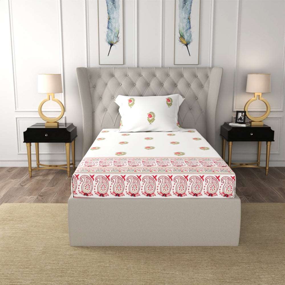 Regal Collection - Breathable 200 TC 100% Pure Cotton Single Bedsheet with Pillow Cover, Ethnic Motif- Pink