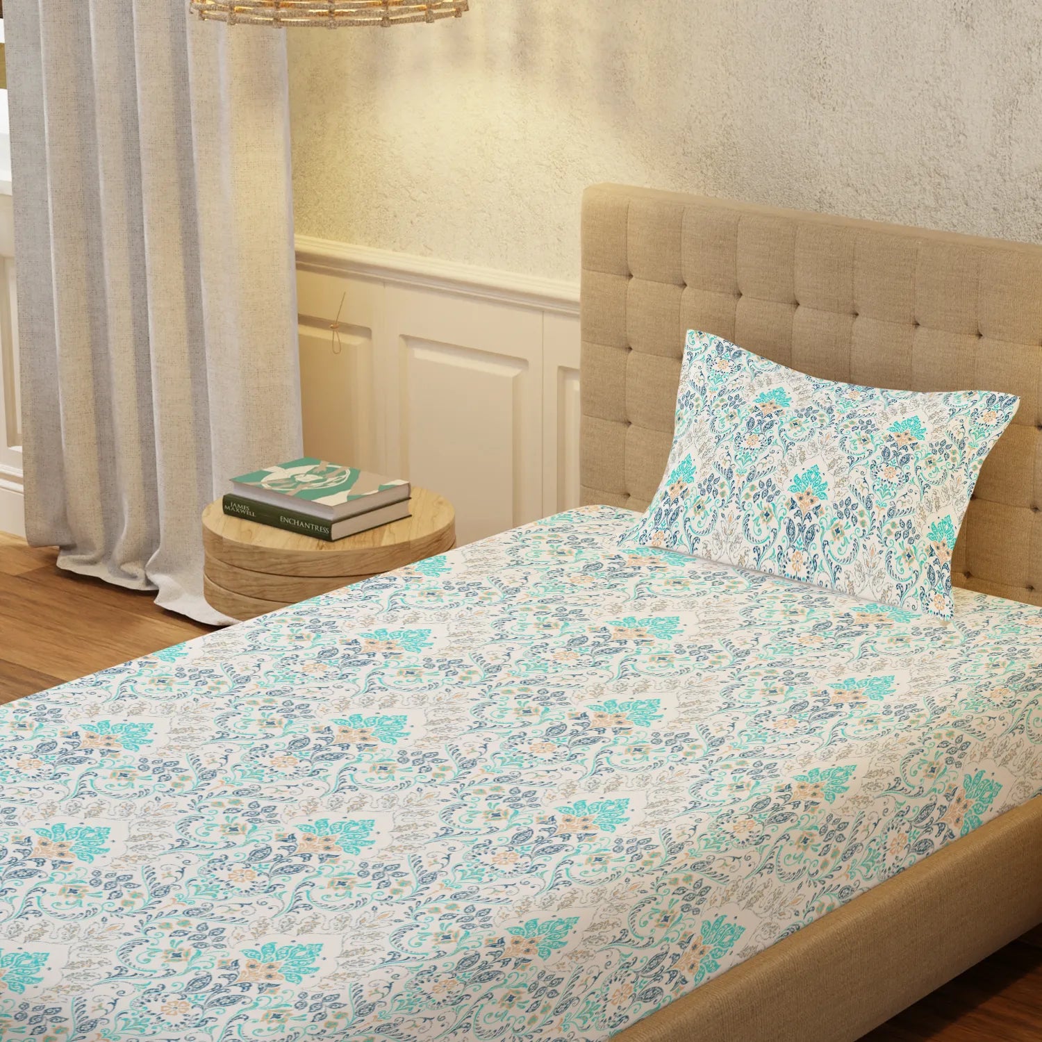 Regal Collection - Breathable 200 TC 100% Pure Cotton Single Bedsheet with Pillow Cover, Mughal Garden - Blue