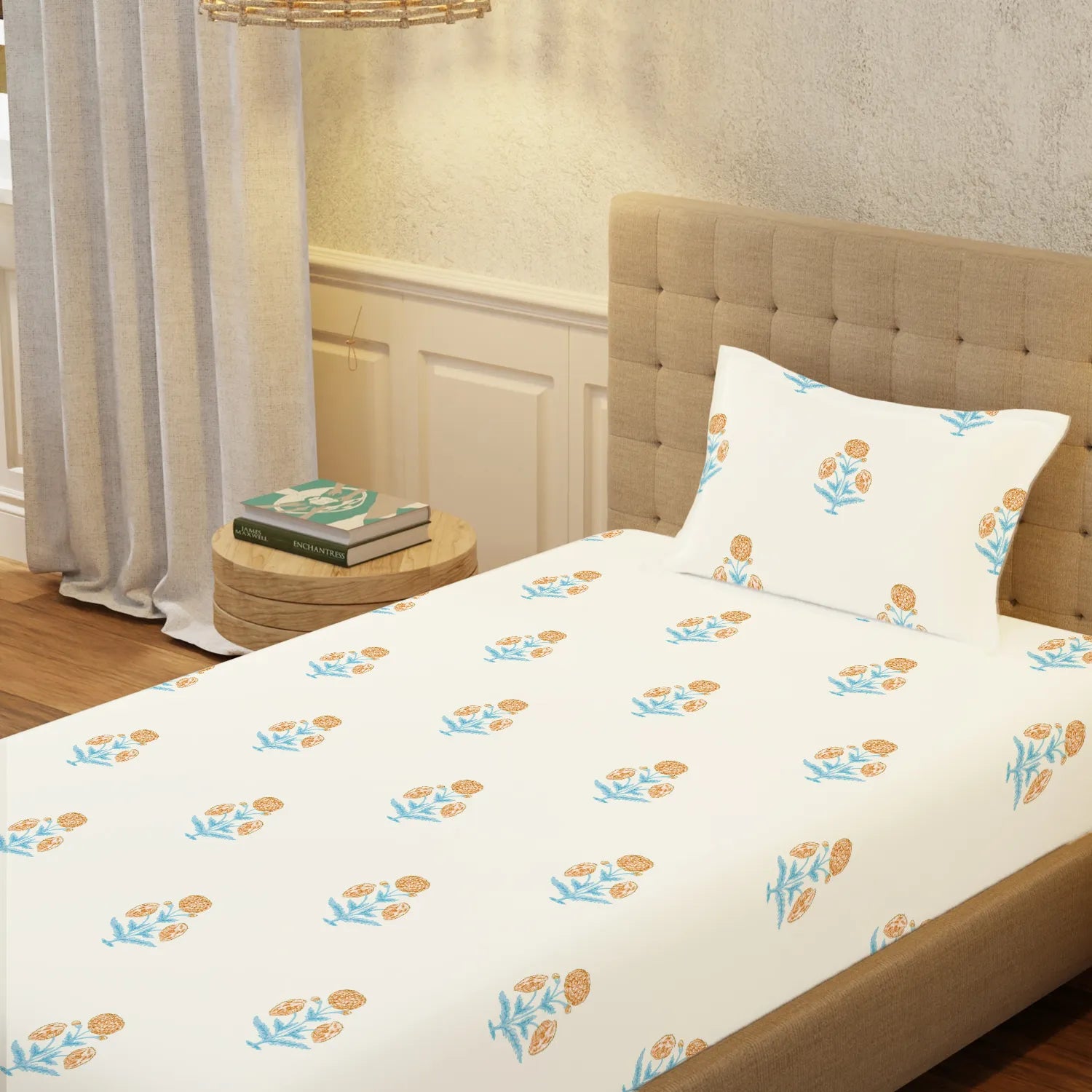 Serene 200 TC 100% Cotton Single Bedsheet with Pillow Covers - Sunflower - Yellow