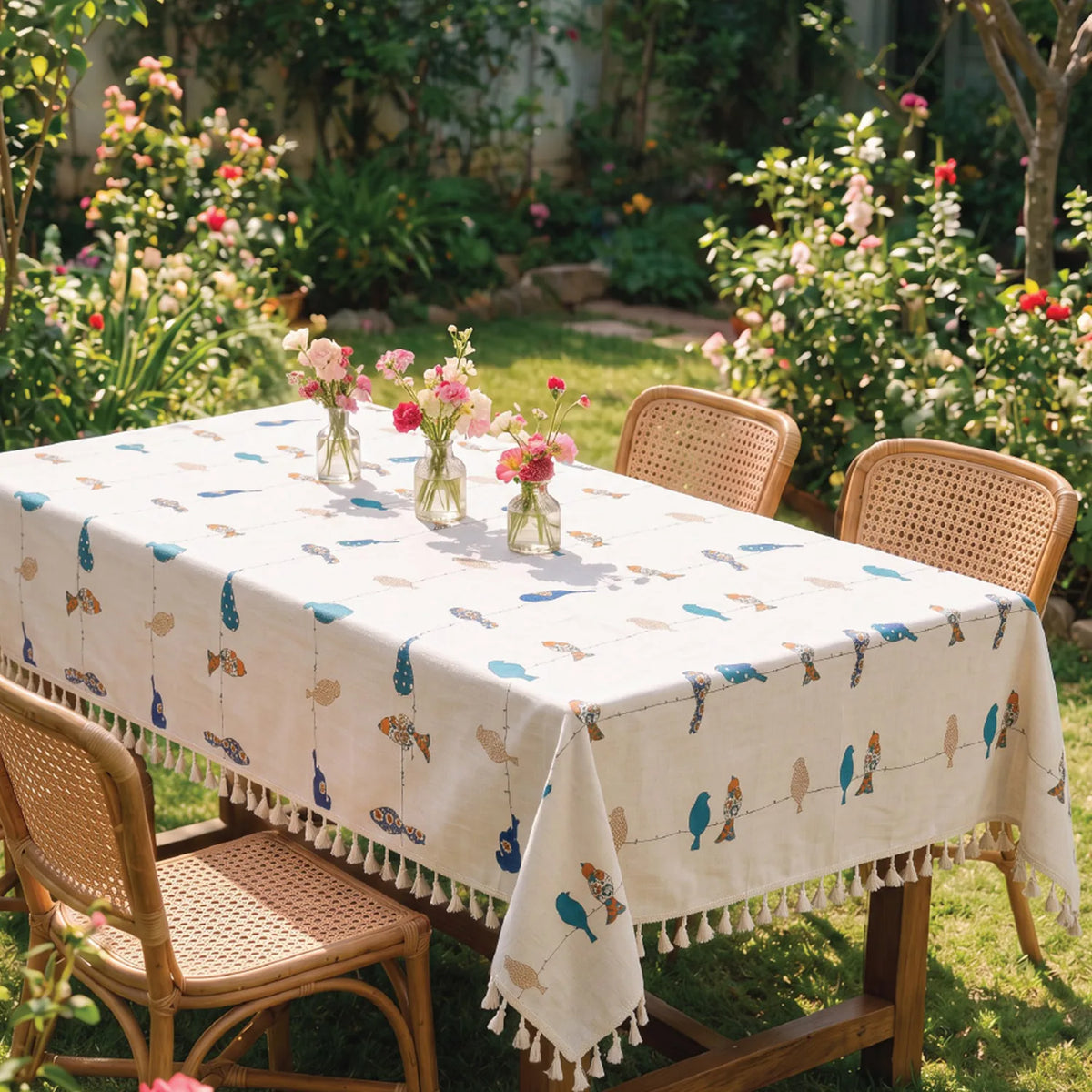 100% Cotton Table Cloth Runner for 4 or 6 Seater Dining/Centre Table - Humming Bird Blue