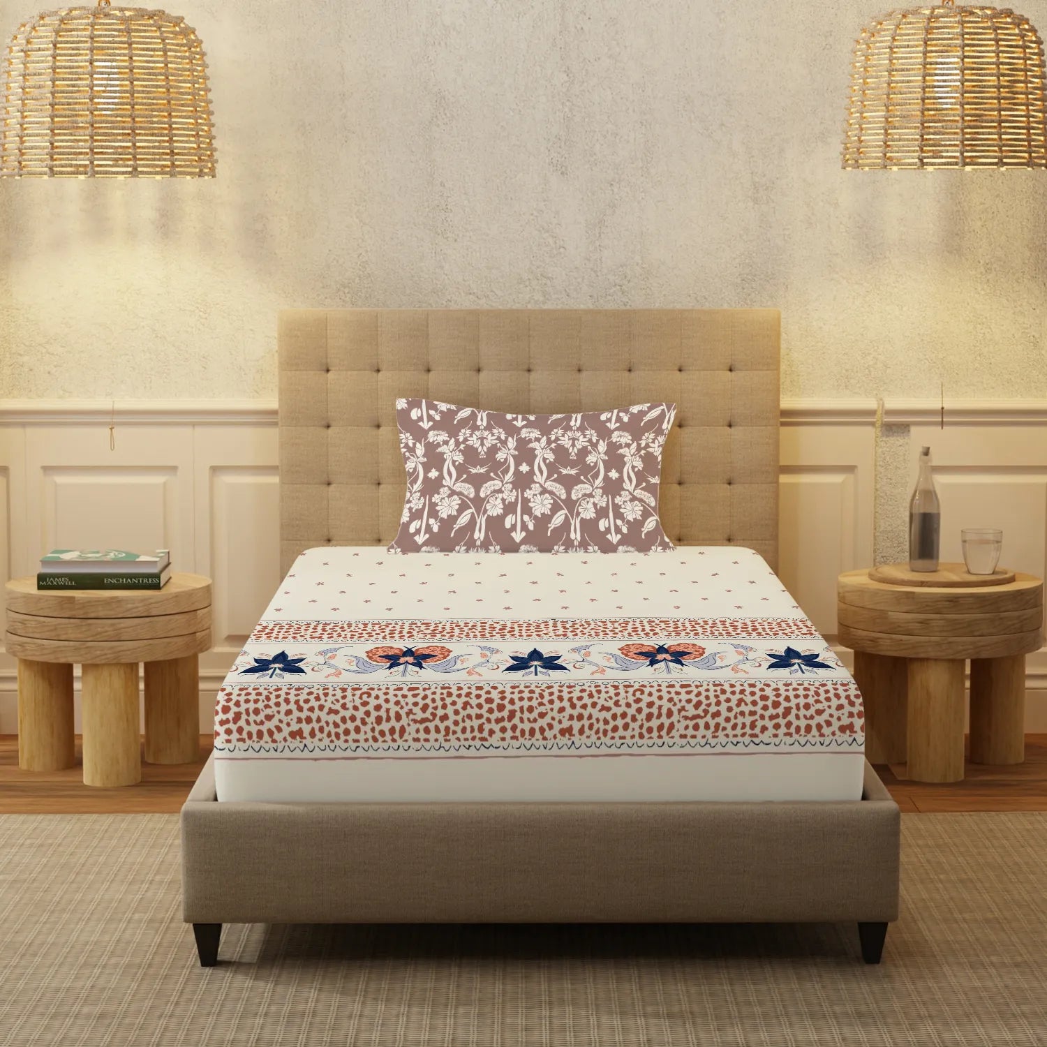 Serene 200 TC 100% Cotton Single Bedsheet with Pillow Covers - Ivy Bloom Terra