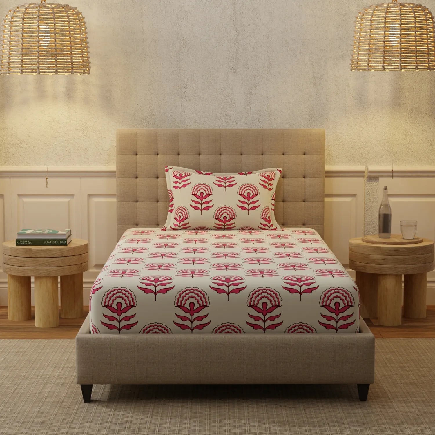 Serene 200 TC 100% Cotton Single Bedsheet with Pillow Covers - Florabell Cherry Red