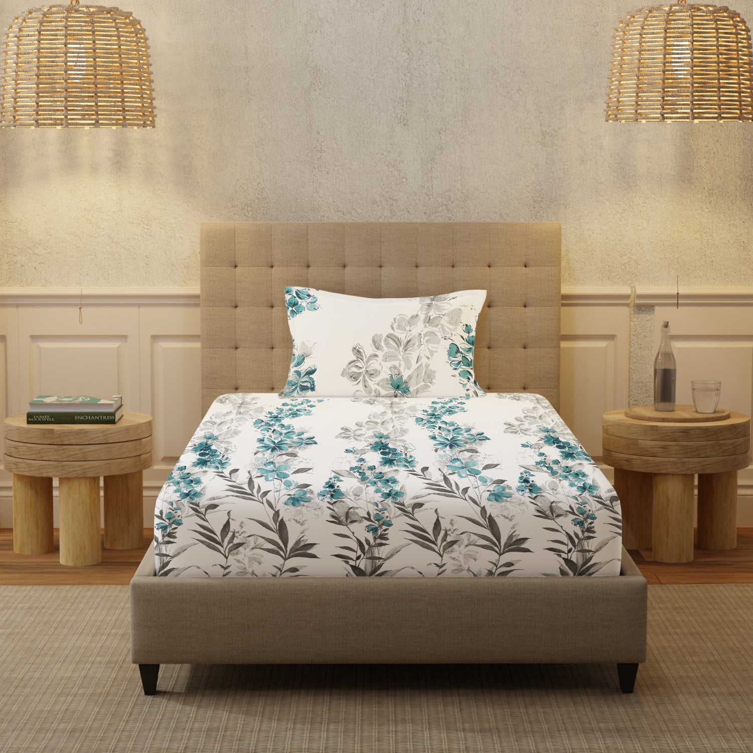 Serene 200 TC 100% Cotton Single Printed Bedsheet with Pillow Covers - Majestic Green