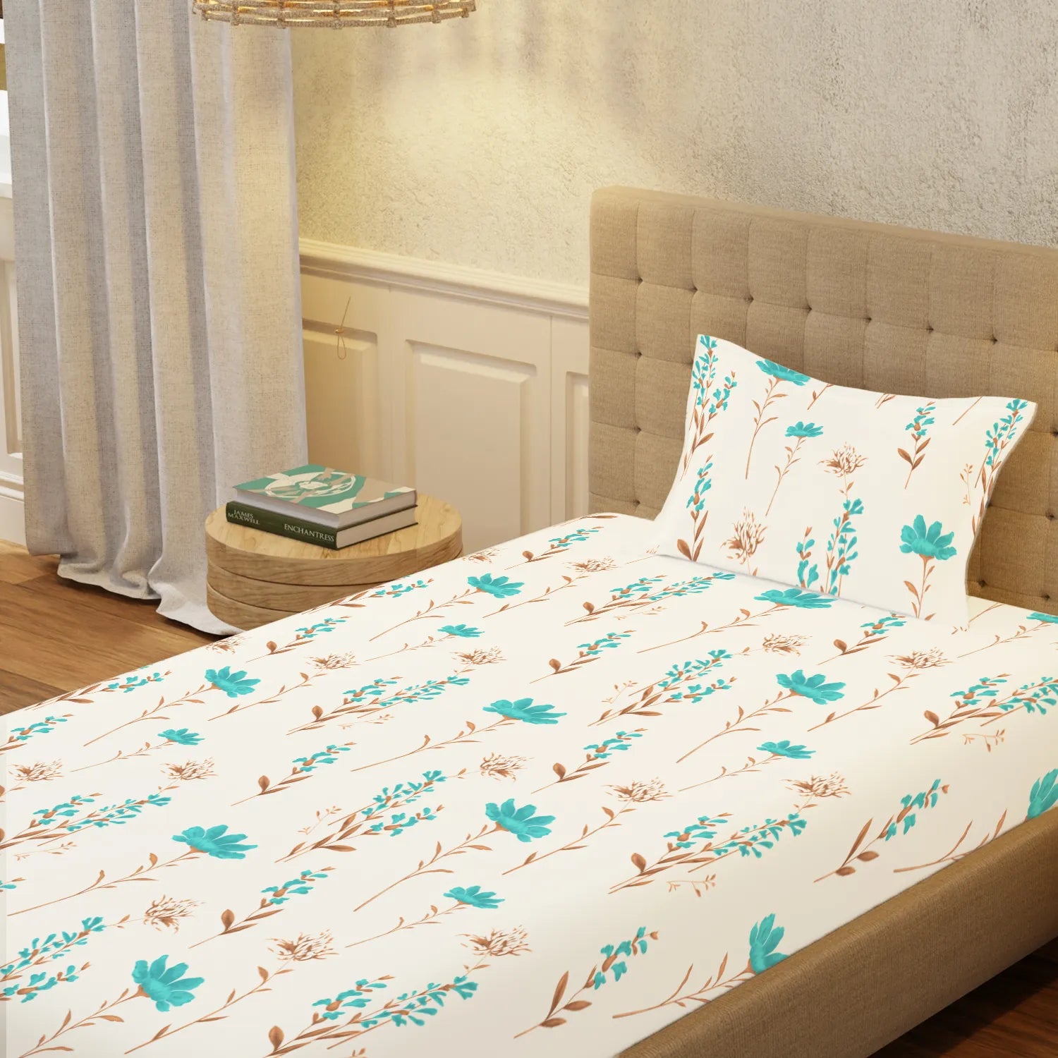 Serene 200 TC 100% Cotton Single Bedsheet with Pillow Covers - Orchid Blooms - Turquoise