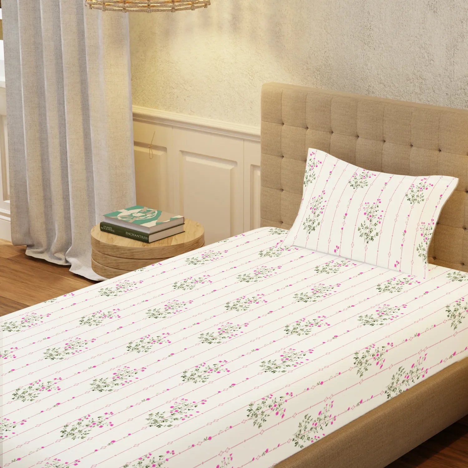 Serene Collection - Breathable 200 TC 100% Pure Cotton Single Bedsheet with Pillow Cover, Sedum Pink