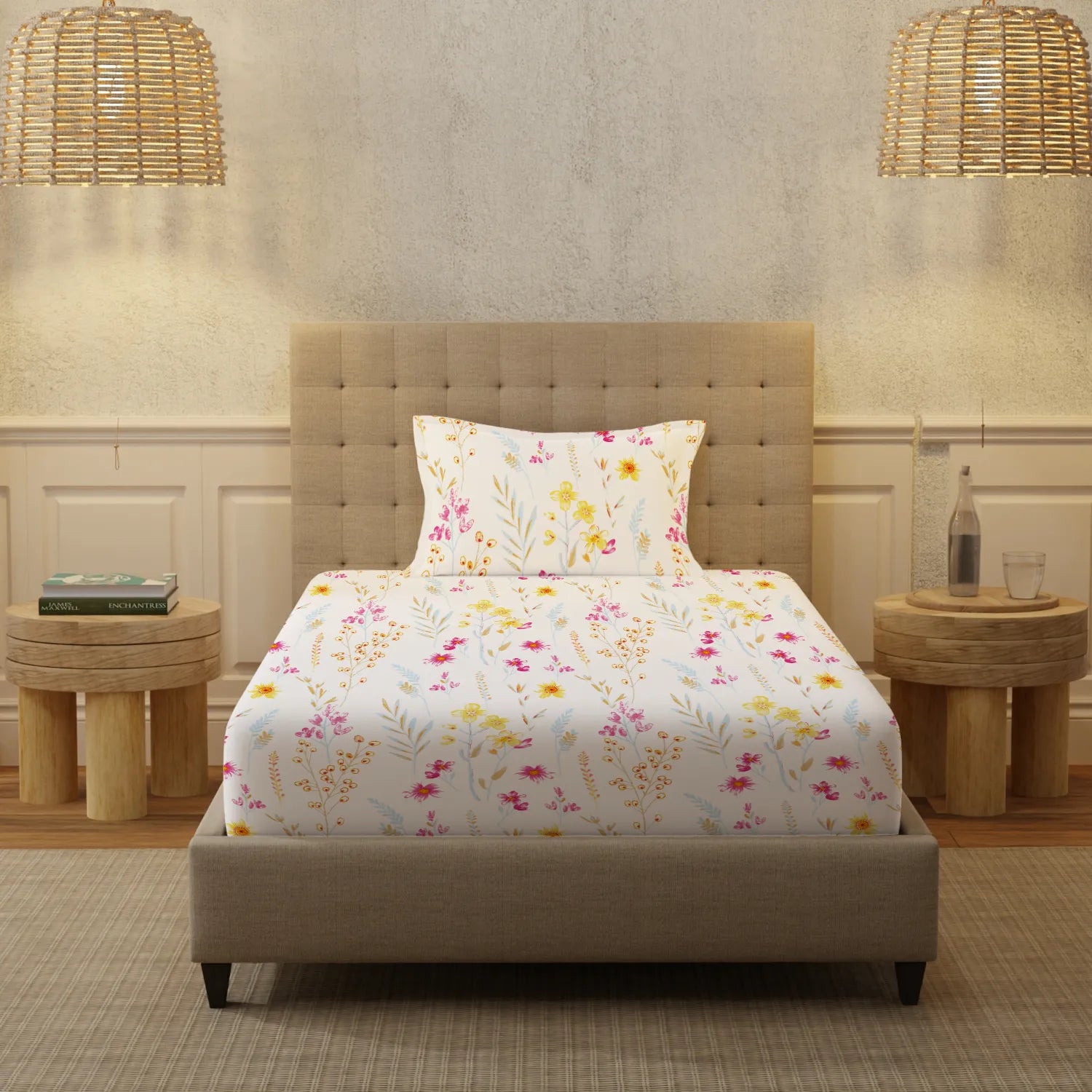 Serene Collection - Breathable 200 TC 100% Pure Cotton Single Bedsheet with Pillow Cover, France- Yellow