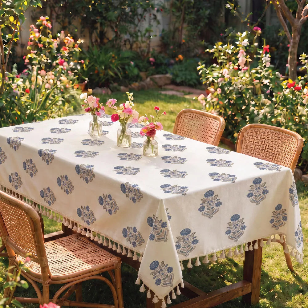 100% Cotton Dining Table Cover, Printed Cotton Table Cloth with Boho Tassels - Liberty Blue