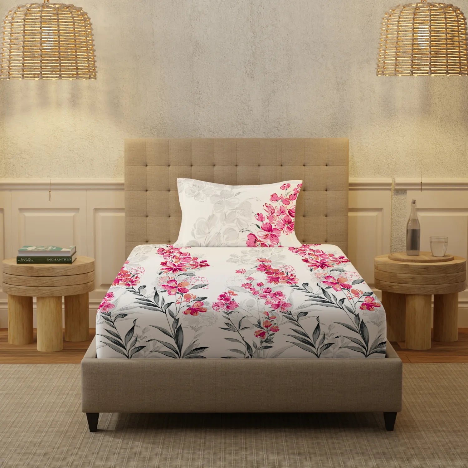 Serene 200 TC 100% Cotton Single Printed Bedsheet with Pillow Covers - Majestic Pink