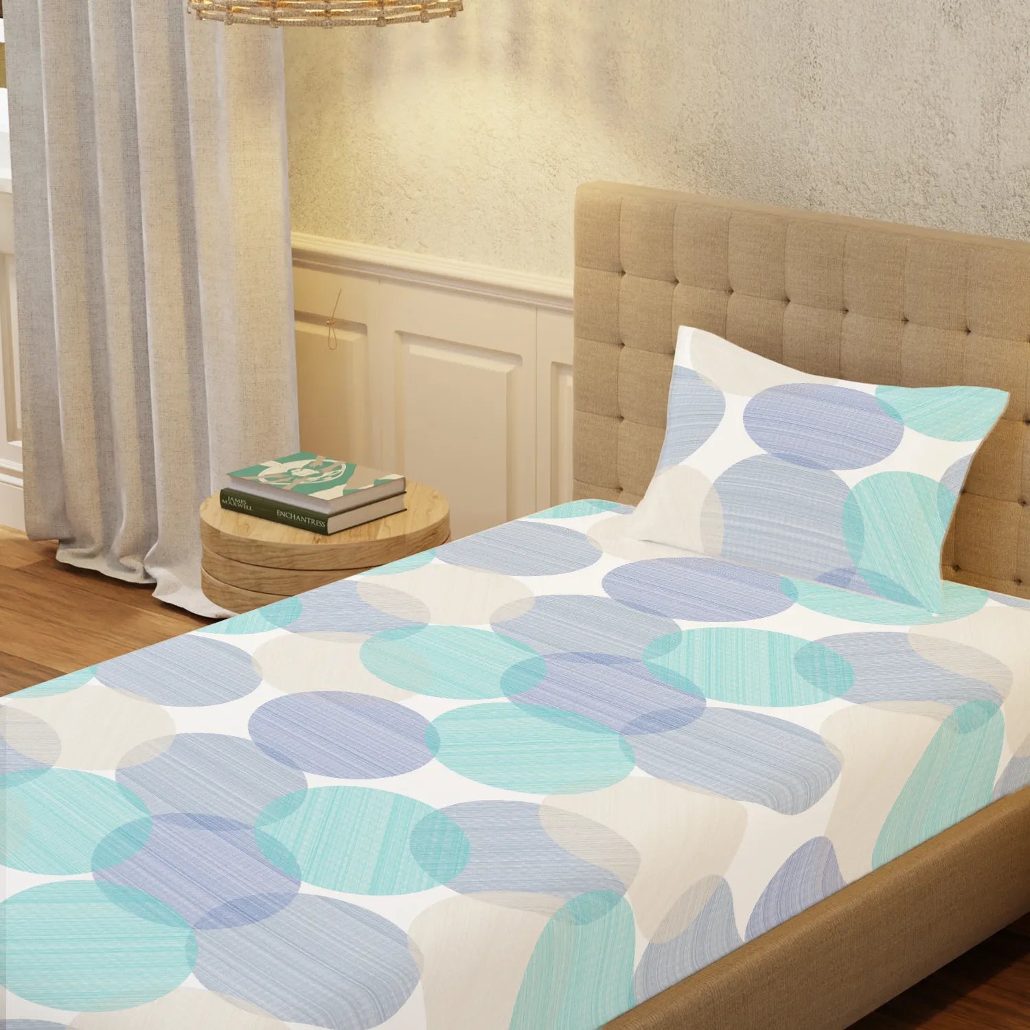 Serene 200 TC 100% Cotton Single Printed Bedsheet with Pillow Covers - Oval Blue