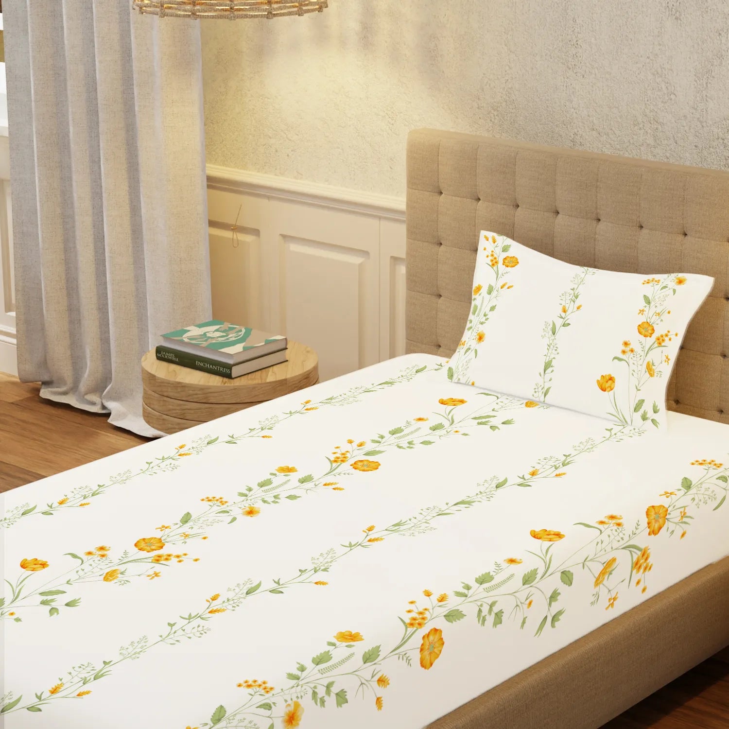 Serene Collection - Breathable 200 TC 100% Pure Cotton Single Bedsheet with Pillow Cover, Veil Bloom- Yellow