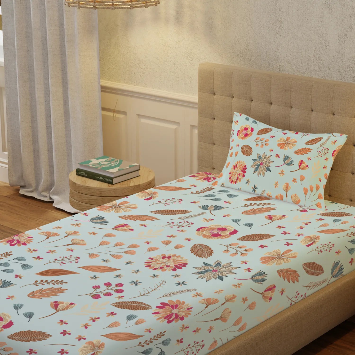 Serene 200 TC 100% Cotton Single Bedsheet with Pillow Covers - Florence Sky Blue