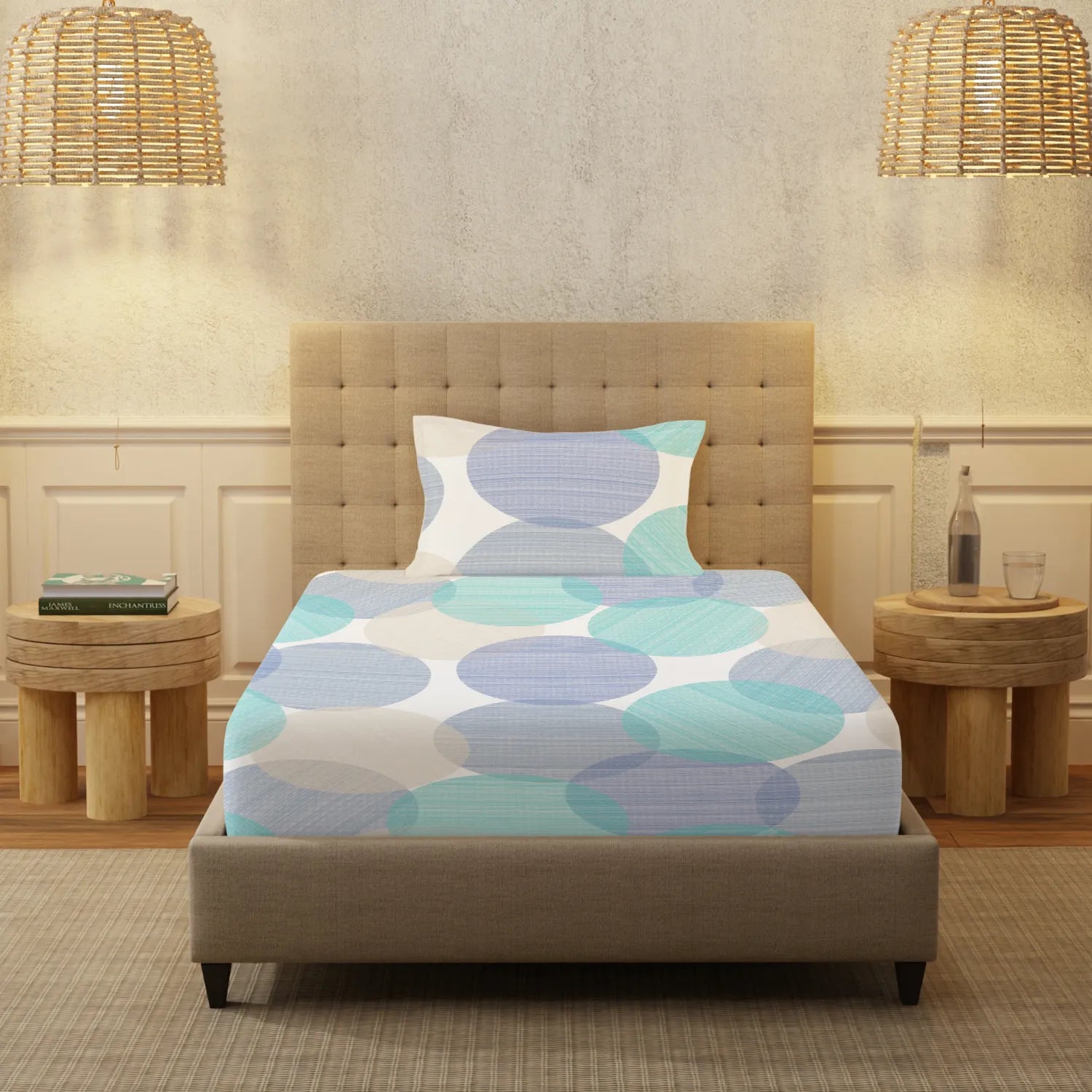 Serene 200 TC 100% Cotton Single Printed Bedsheet with Pillow Covers - Oval Blue