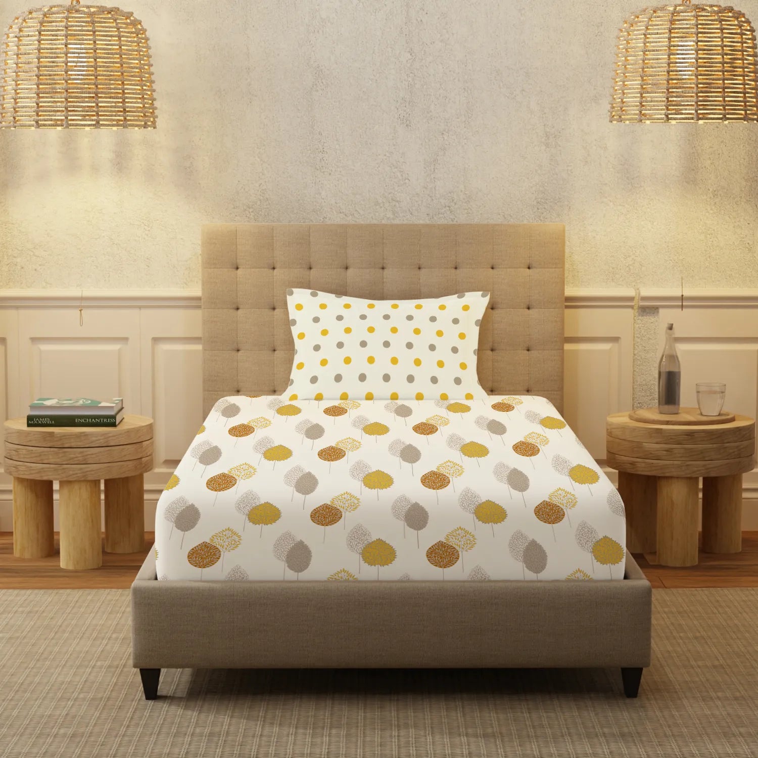 Serene 200 TC 100% Cotton Single Bedsheet with Pillow Covers - Drops Mustard