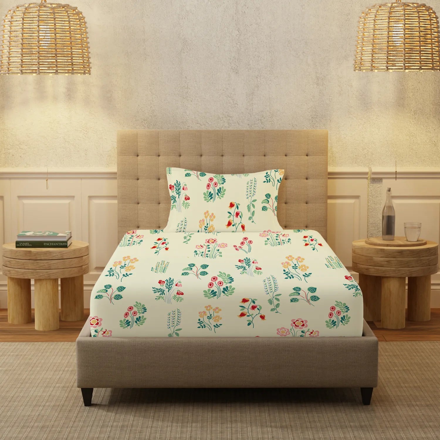 Serene 200 TC 100% Cotton Single Bedsheet with Pillow Covers - Eden Cream