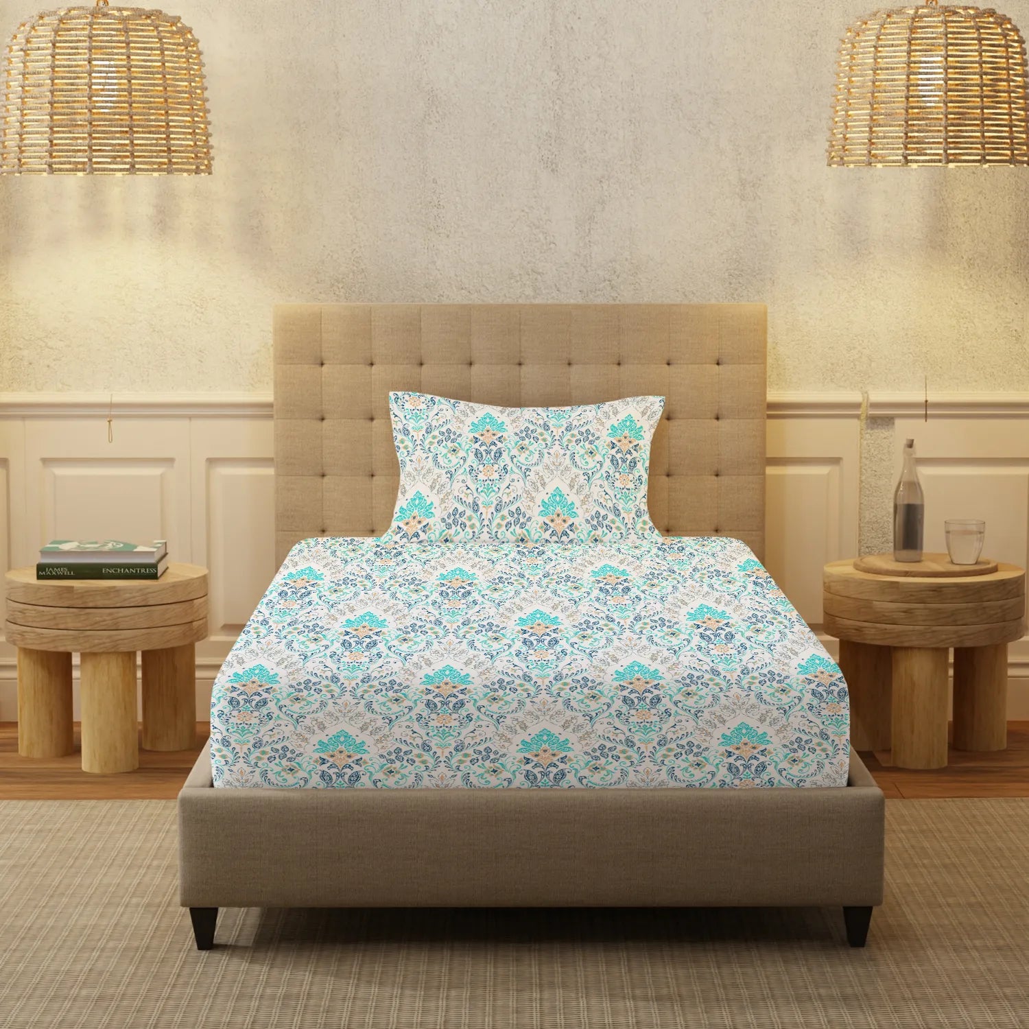 Regal Collection - Breathable 200 TC 100% Pure Cotton Single Bedsheet with Pillow Cover, Mughal Garden - Blue