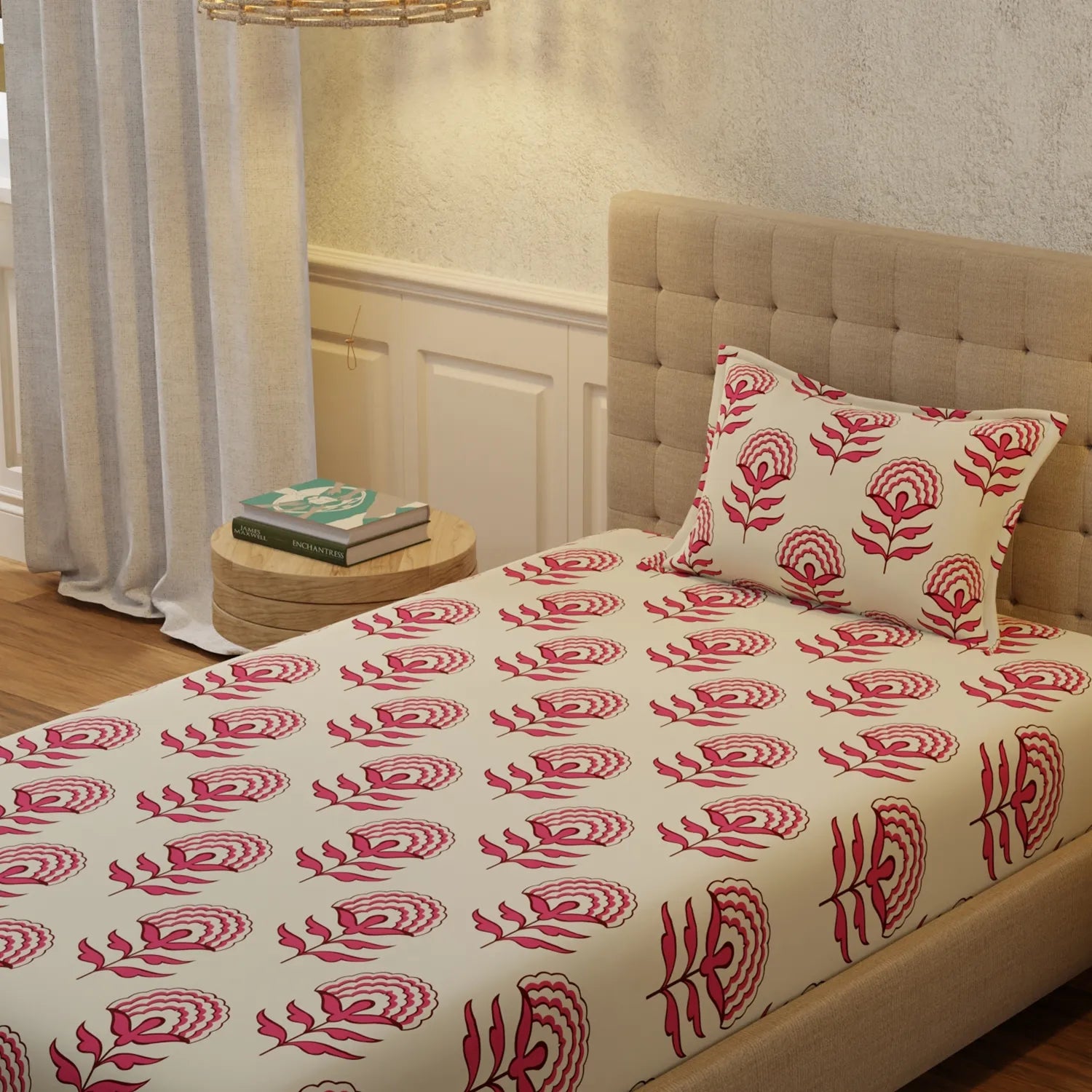 Serene 200 TC 100% Cotton Single Bedsheet with Pillow Covers - Florabell Cherry Red