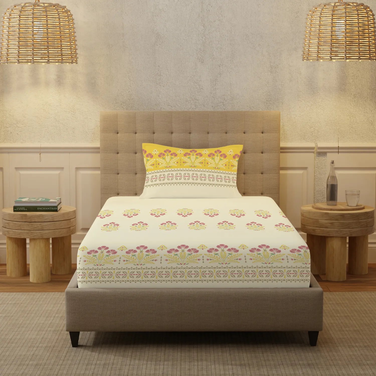 Serene 200 TC 100% Cotton Single Bedsheet with Pillow Covers - Malhaar Mustard Yellow