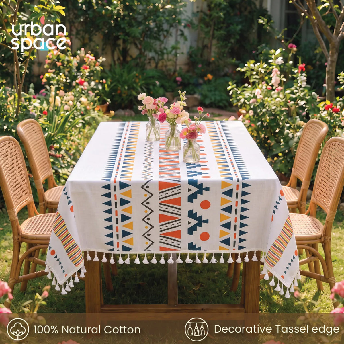 100% Cotton Table cloth/ table cover for 4 or 6 seater Dining / Centre Table - Ikat Orange