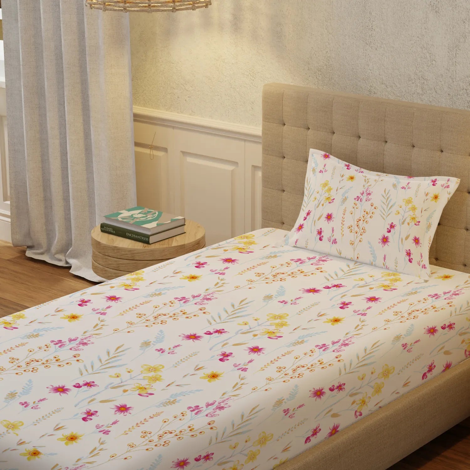 Serene Collection - Breathable 200 TC 100% Pure Cotton Single Bedsheet with Pillow Cover, France- Yellow