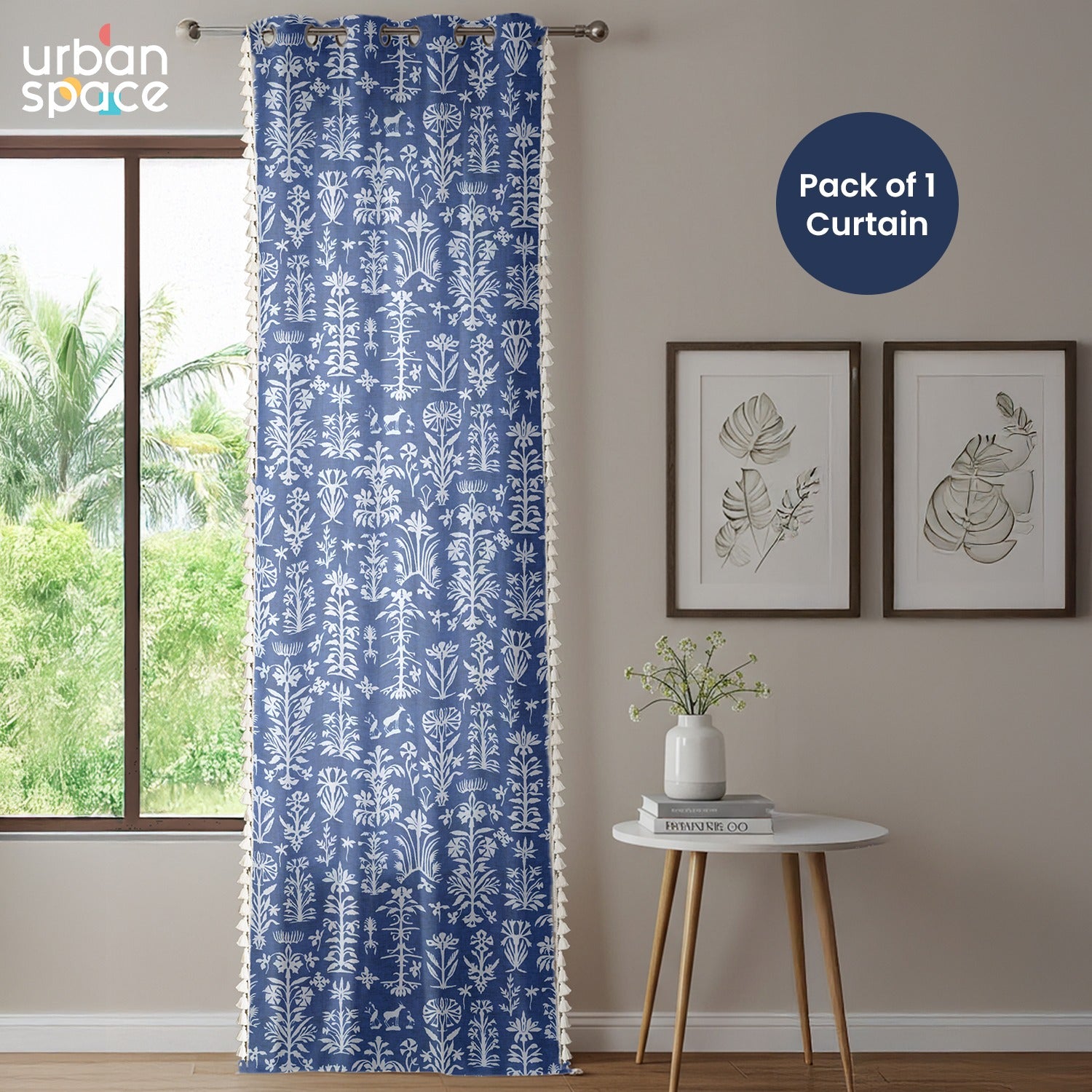 Premium 100% Cotton Curtain for Window & Curtains for Door - Pack of 1 Curtain, Twigs Indigo Blue