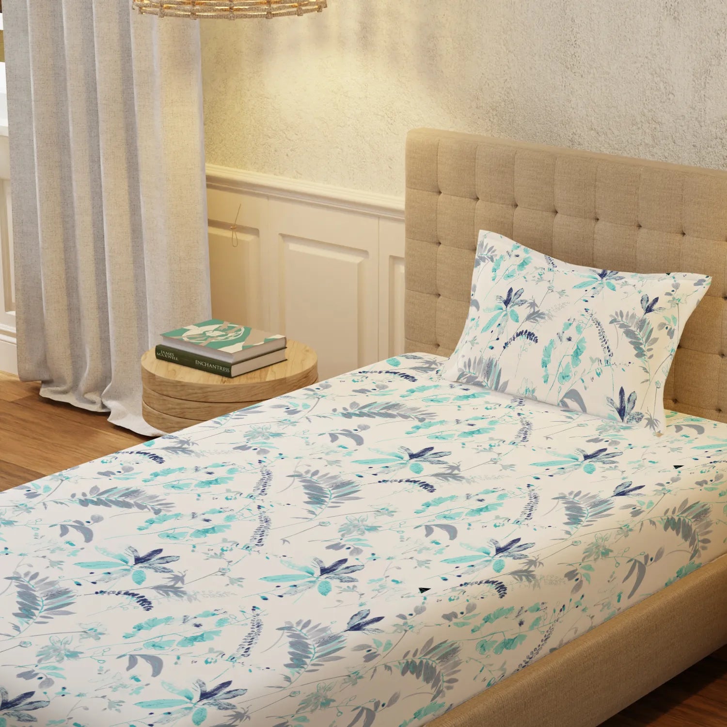 Serene 200 TC 100% Cotton Single Bedsheet with Pillow Covers - Floral Feast Turquoise